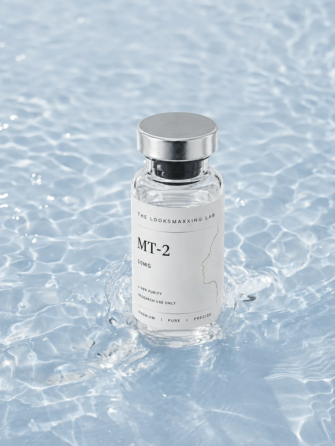 The Looksmaxxing Lab MT-2 research peptide vial in water ripples